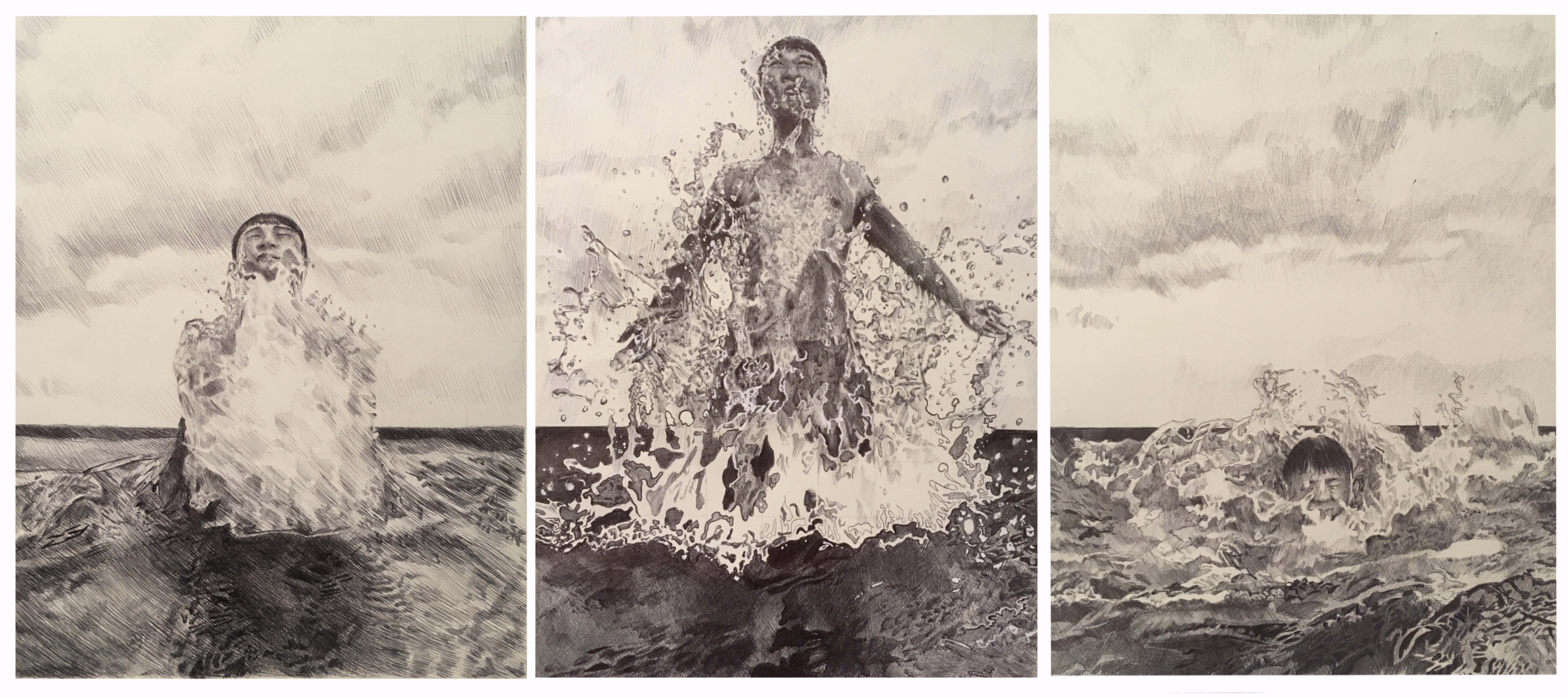 Emma Ting, black & white boy splashing up and out of water and then back under 